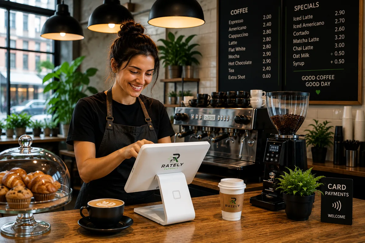 Card payment terminal on the counter of a modern UK coffee shop